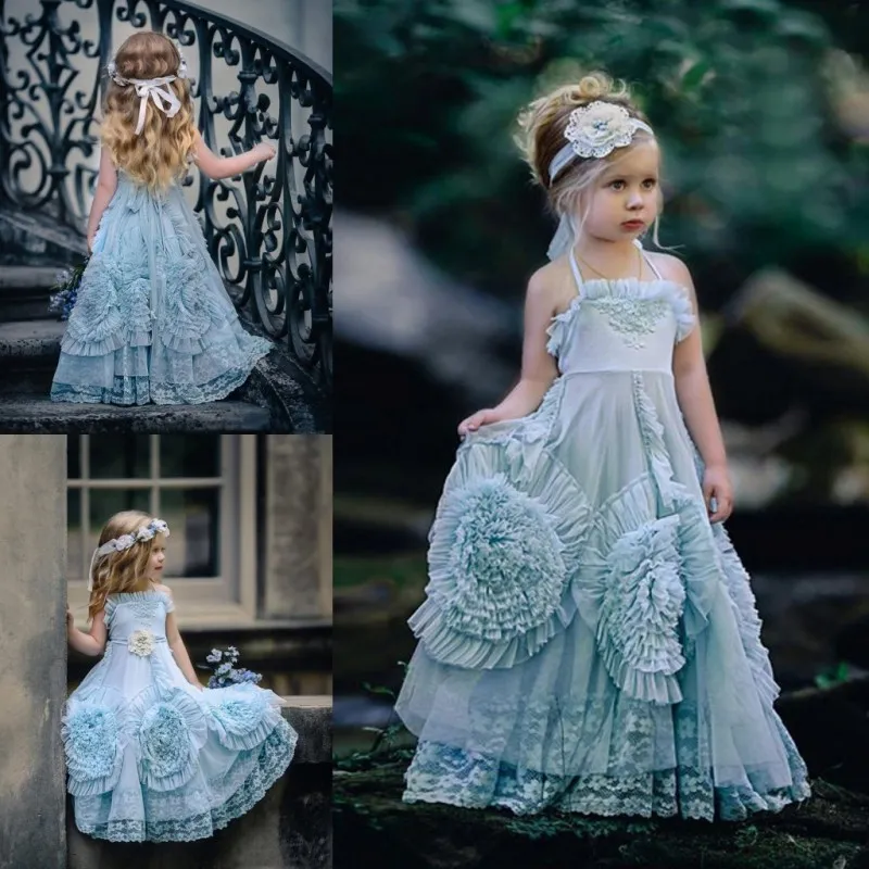 Billiga Boho ruffles Flower Girls Dresses For Weddings A-Line Halter Kids Pageant Dress Floor Längd strand Birthday First Commonion Gowns 407