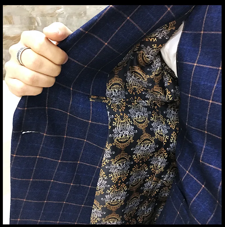 Bütün Envmenst Marka Yüksek Kaliteli Erkekler Ekose Takım Seti Blazer Yelek Pantolon Damat Çift Göğüslü Adam Düğün255p