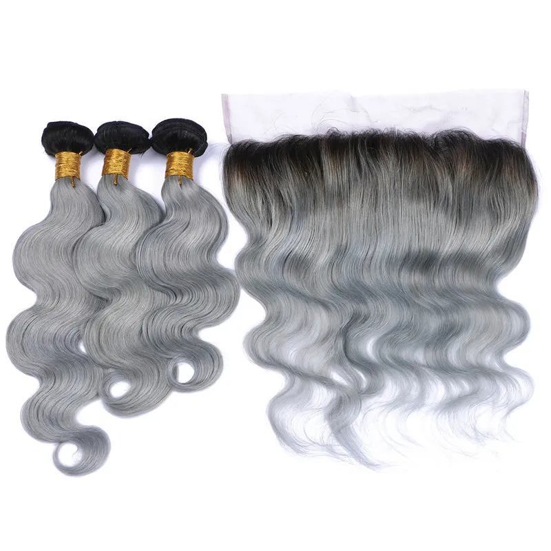 #1B/Grey Ombre Brazilian Virgin Hair 3Bundles With Frontal Dark Roots Silver Grey Ombre 13x4 Lace Frontal With Body Wave Human Hair Wefts