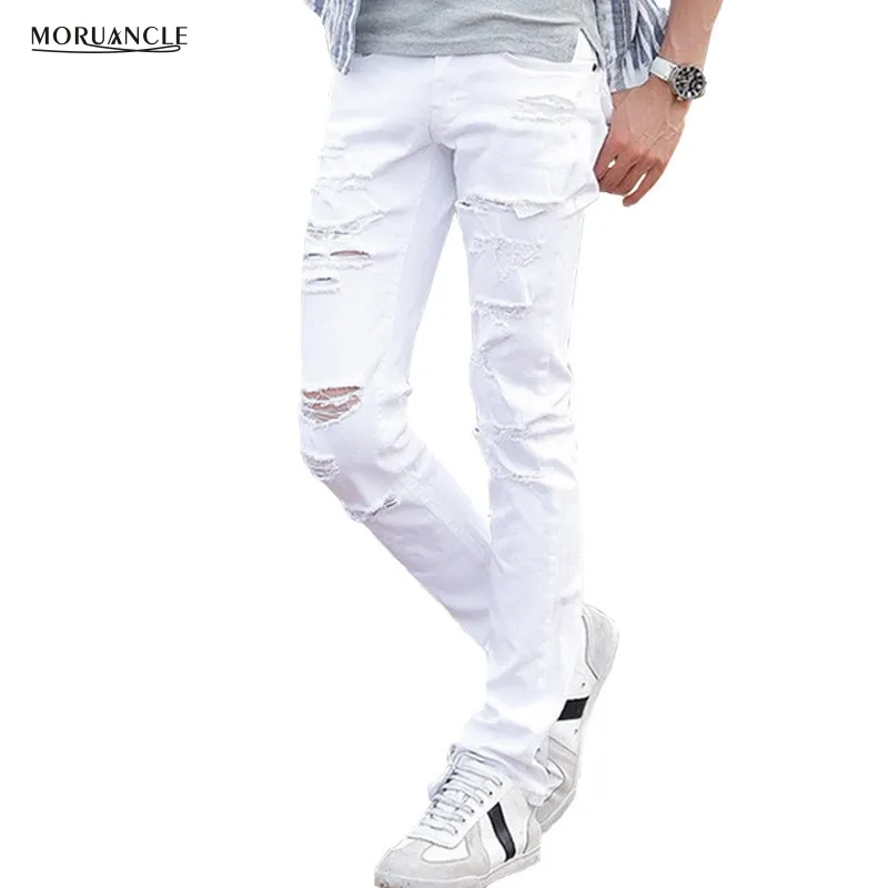 Großhandel - MORUANCLE Herren weiße zerrissene Jeanshose mit Löchern Super Skinny Slim Fit Destroyed Distressed Denim Joggers Hose für Männer