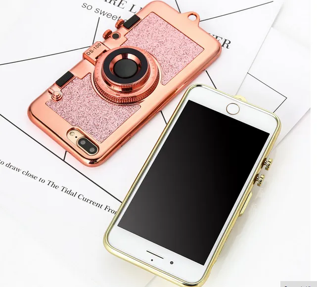 Koreaanse 3D Retro Camera Telefoon TPU-koffers voor iPhone 7 6 6S Plus Case Luxe Galvaniseren Zachte Cover Standhouder Spiegel met Lanyard