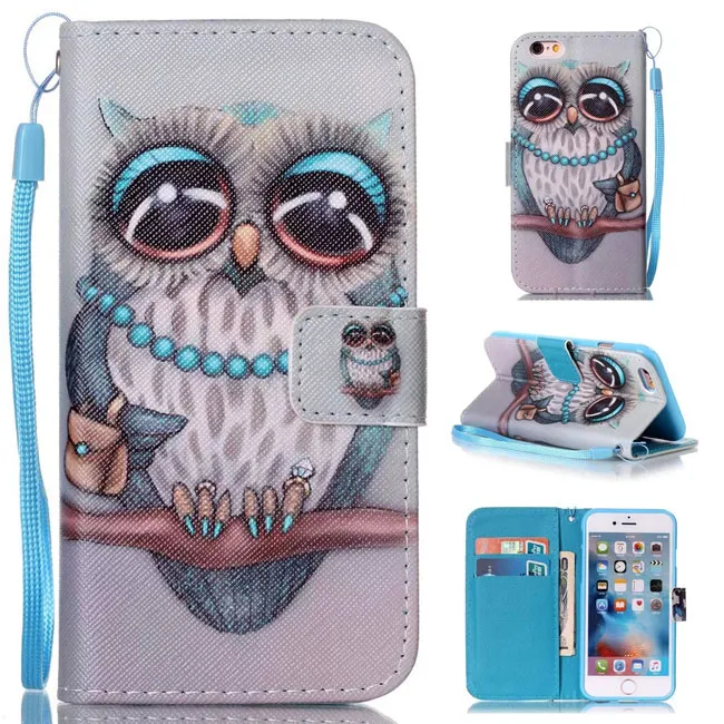Dream Smile Owl Flower Painted Wallet Stand Colle Läderfodral för iPhone 6 6s 7 8 Plus Galaxy S7 Edge J510 J710 A3 A5