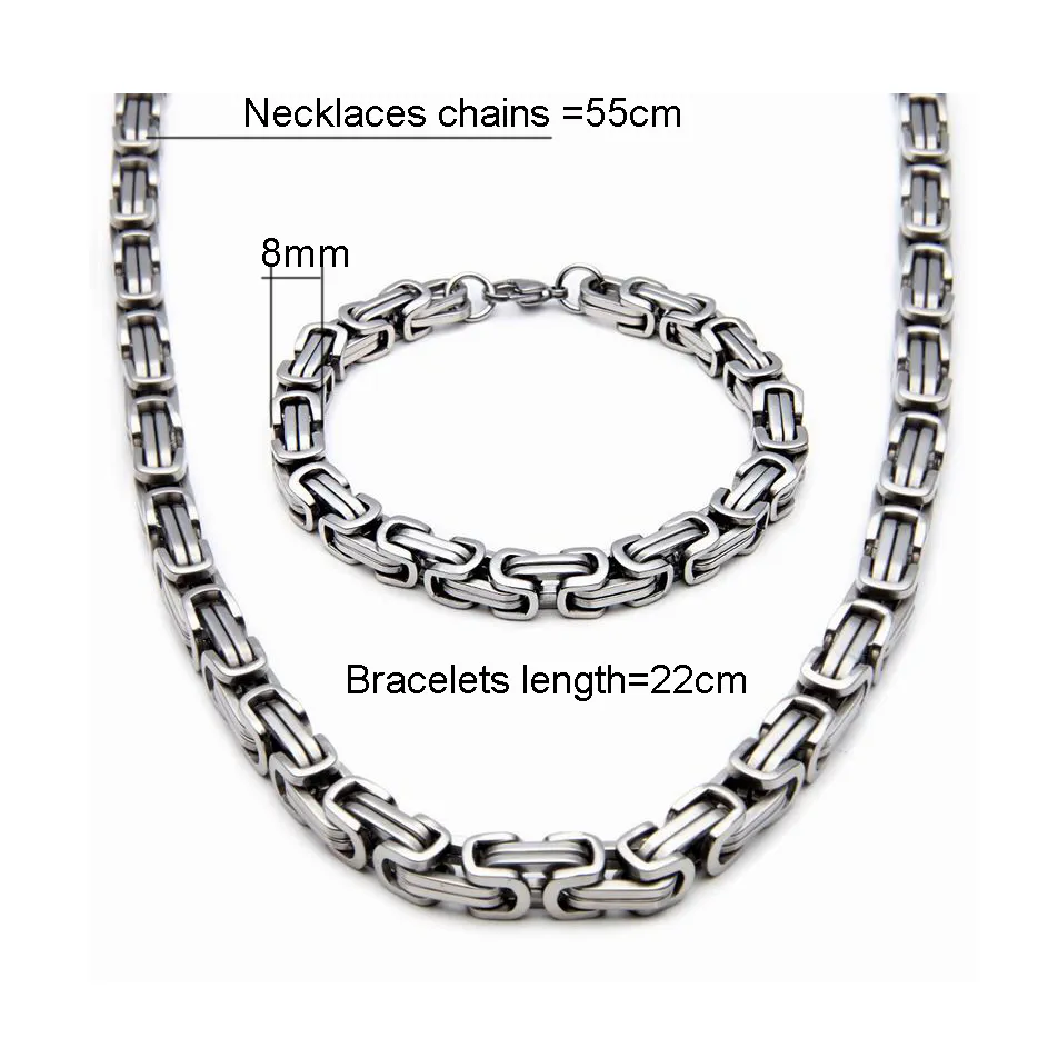 Wholesale 8mm Stainless Steel Mens Necklace Bracelet Set Byzantine Chain Black/silver/gold color 55CM necklace