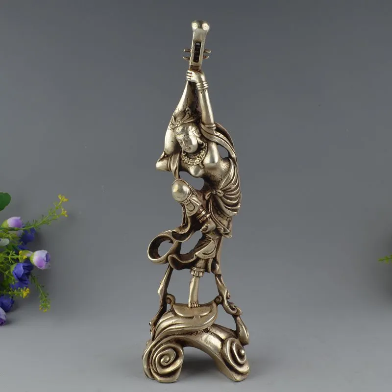 Vieux Tibet Bouddhisme Fane Argent Pipa Kwan-yin Bouddha Statua antica