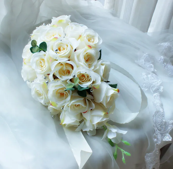 Ivory Rose Artificial Bridal Cascading Buquet Bride Wedding Flowers Silk Ribbon Buque de Noiva Party Supplies 195i