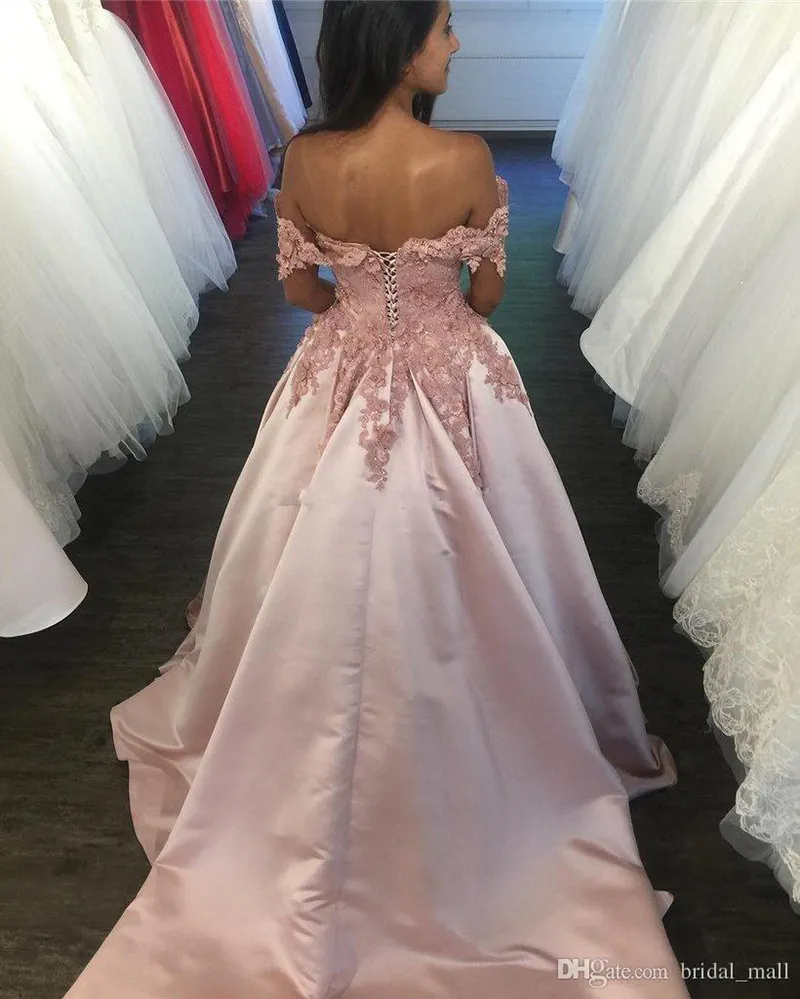 Off Shoulder Blush Pink Prom Dress elegant Sweetheart Lace Appliques 3D flowers long evening party dress party gown robe de soiree