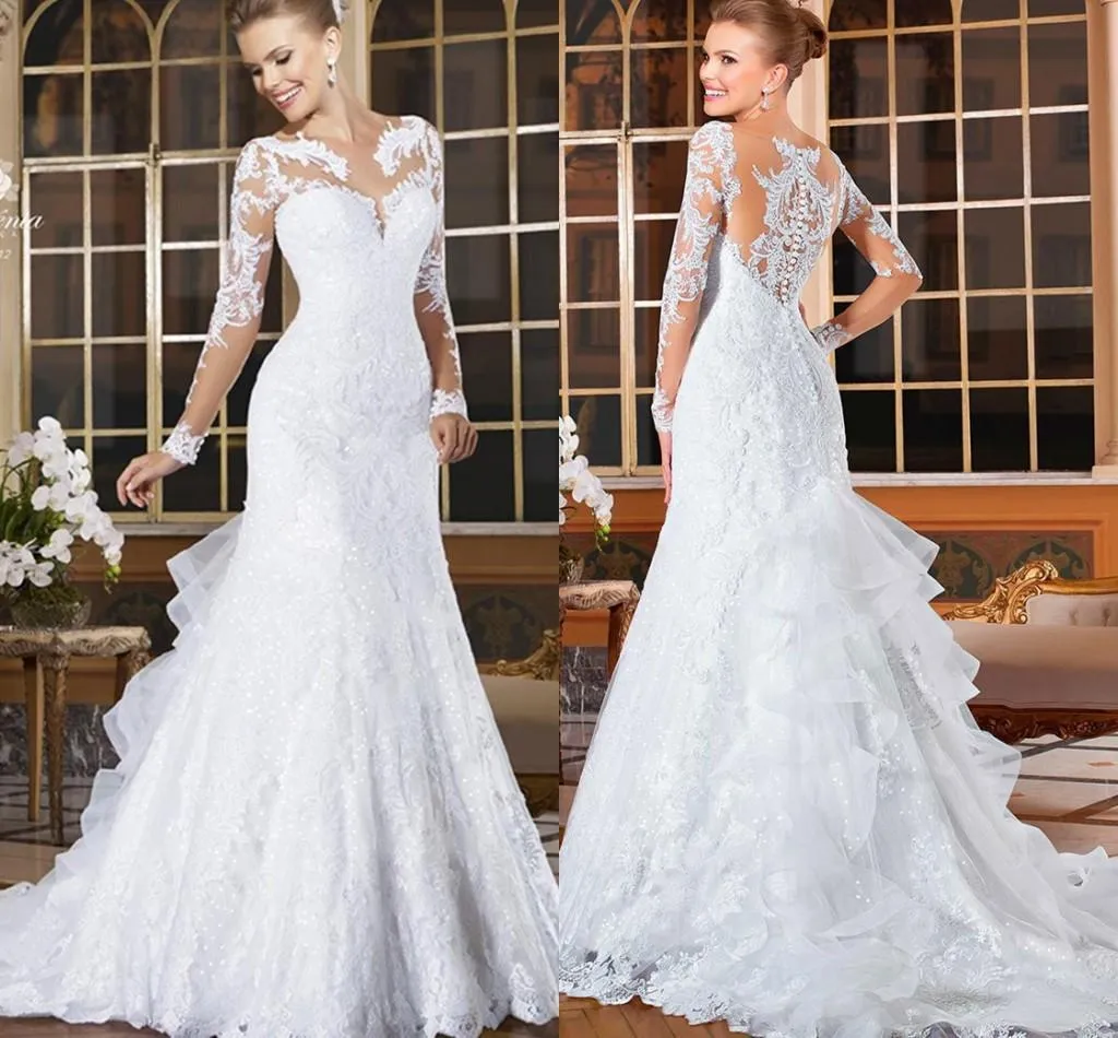 Długie rękawy Koronki Syrenki Suknie Ślubne 2017 Bling Romantic Aplikacje Koronki Bridal Dresses Button Back Vestido de Noiva 2017 Spring Fall