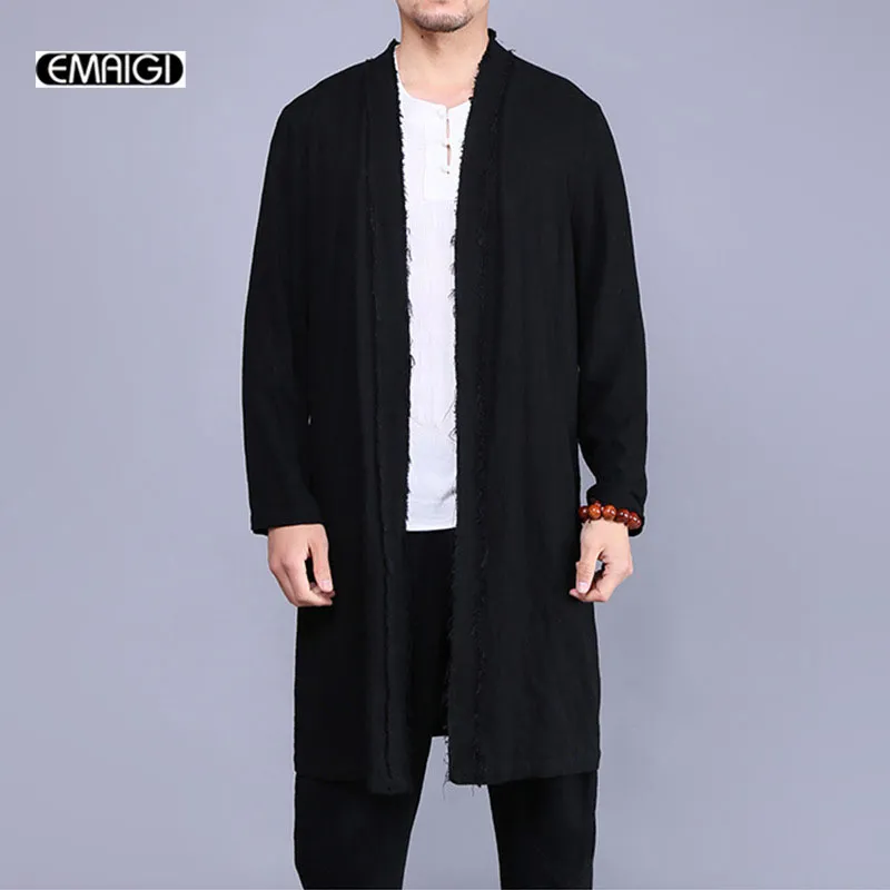 Vente en gros- 2017 nouveaux hommes trench manteau chine style lin cardigan manteau hommes vintage cassé longue veste mode coupe-vent pardessus A321