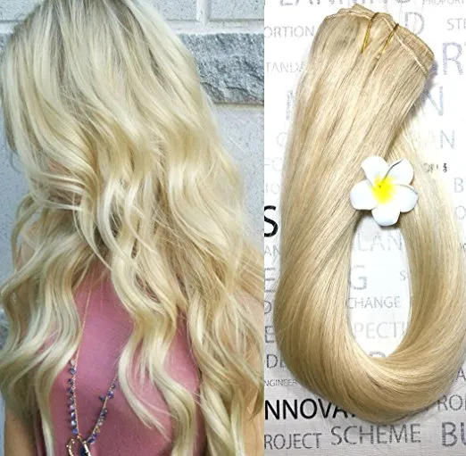 Elibess Blonde Hair Extensions Clip In Human Hair Light Blonde 7 st Set Full Head # 613Silky Rak 100g Remy Hair