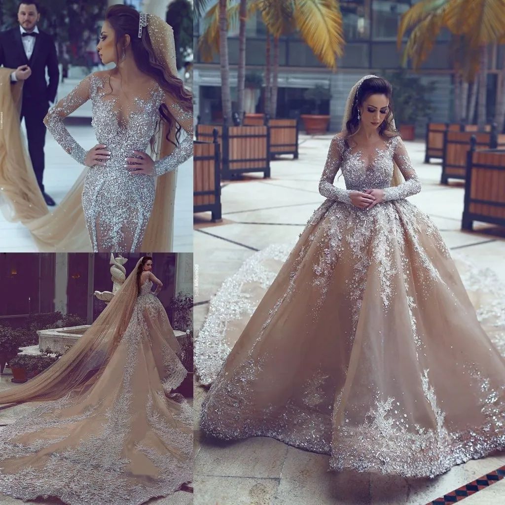 2017 Luxo Rhinestone Dubai Vestidos de Casamento com Destacável Train Illusion Decote Longo Mangas Drives Nupcial Vestido De Noiva De Sereia Lindo