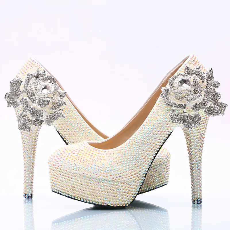 White AB Crystal Wedding Shoes Sparkling Rhinestone Bridal Dress Shoes Plus Size Platform High Heel Shoes Cinderella Prom Pumps