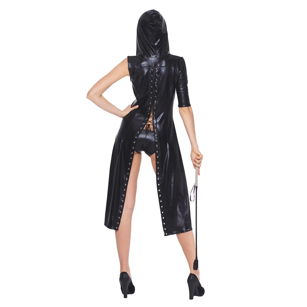 Vrouwen Faux Leren Hooded Lace-up Jurk Gothic Knight One Mouwjas Cloak Clubwear Halloween Fancy Dress