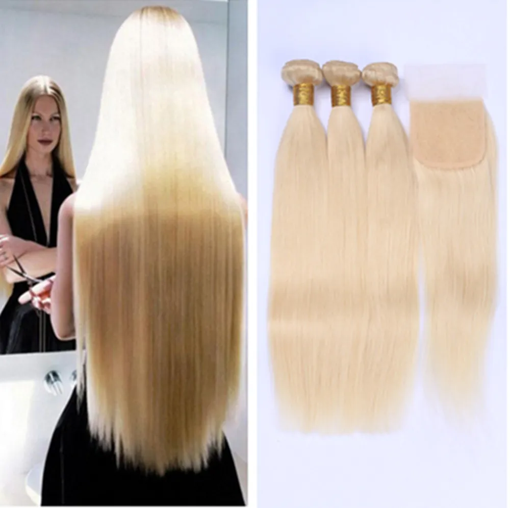 Extensions de cheveux humains blonds russes Cheveux vierges européens Armure droite Armure blonde platine Trame de cheveux européens avec fermeture Pas de hangar