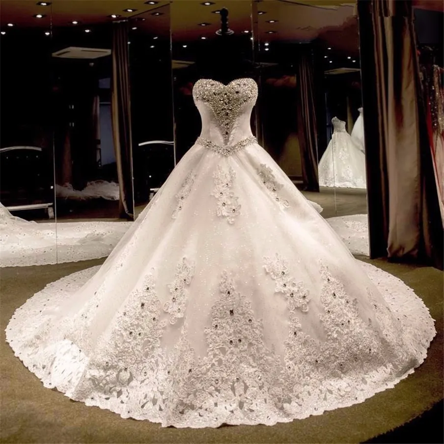 Sweetheart Beaded Pearls Crystals Sash Lace Appliques Huge Bow Bridal Dress Ball Gowns Luxury Wedding Dresses 2019 robe de soiree