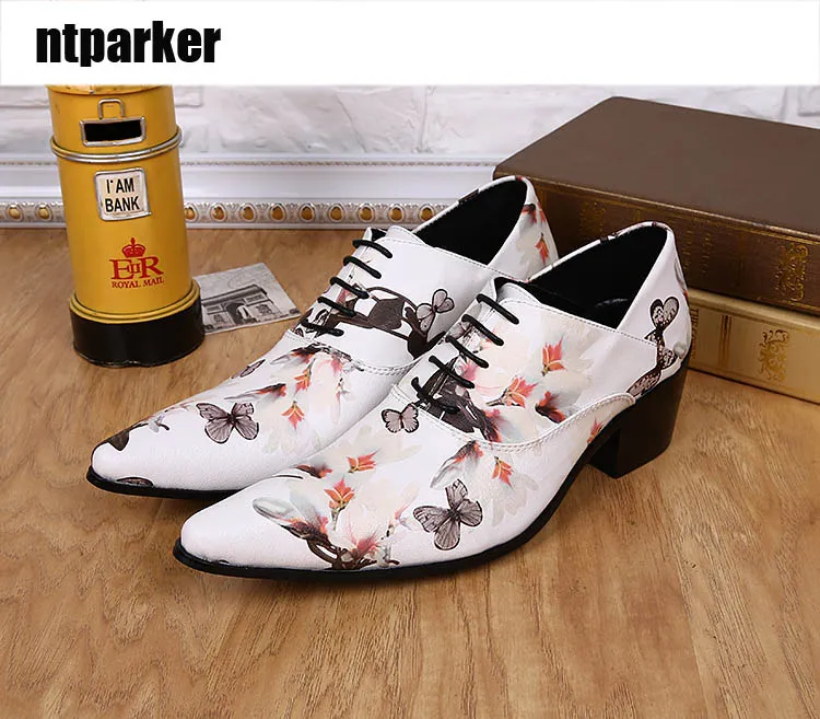 Italian Style Man Leather Shoes pointed toe 6.5cm height increased high heel man's white Party and Wedding Shoes Men Chaussures Hommes