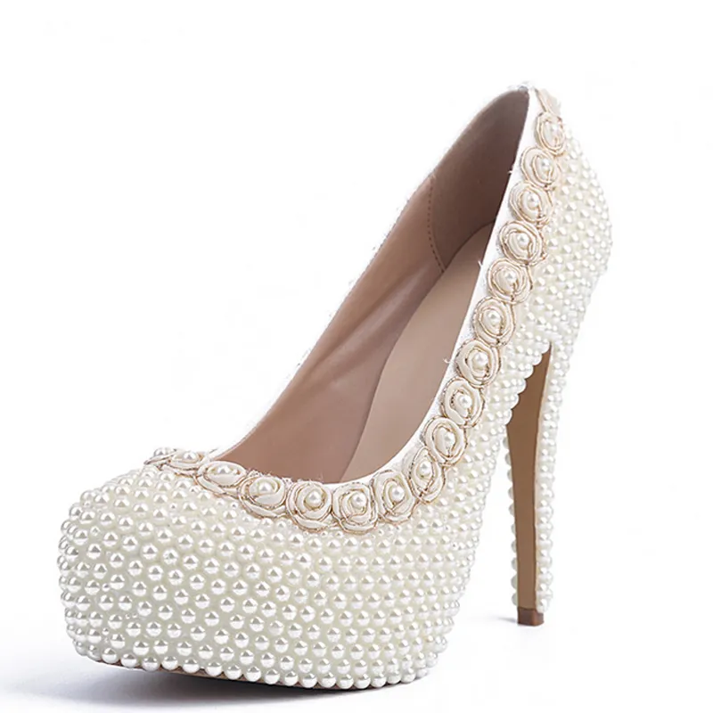 Luxurious Ivory Pearl High Heels Wedding Bridal Dress Shoes New Arrived Round Toe Lady's Party Proms shoes Size 34-41