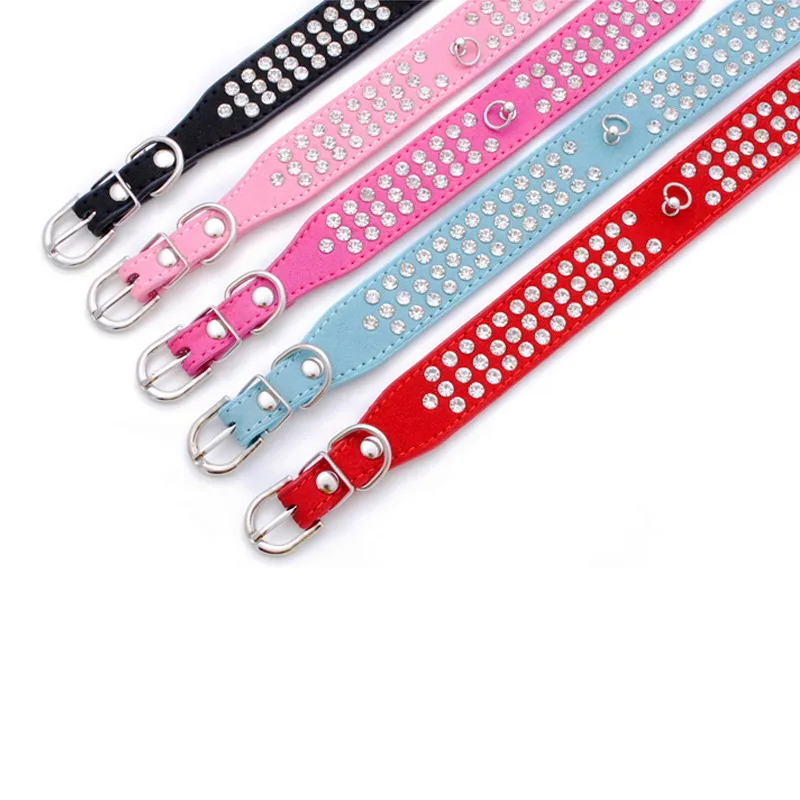 Mixed Brand New suede Leather Dog Collars 3 Rows Rhinestone Dog collar diamond Cute Pet Collars 100% Quality 4 Sizes