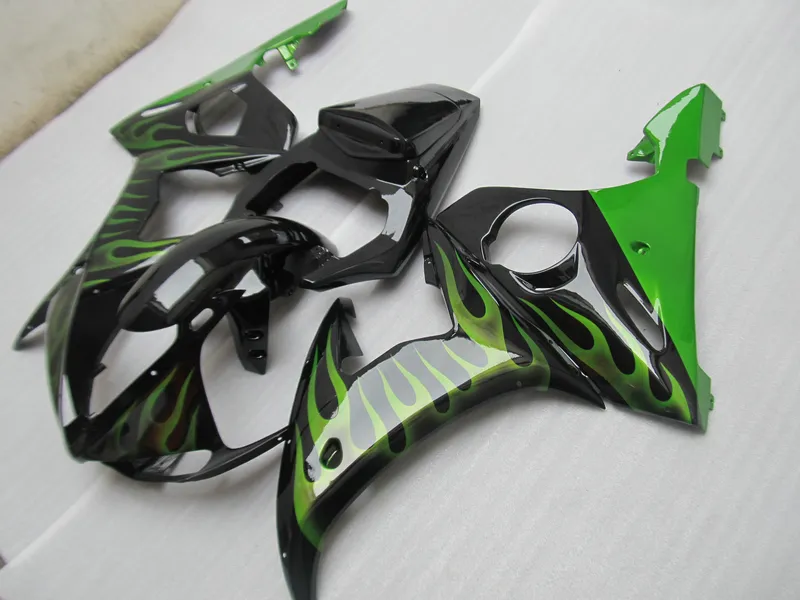 Gratis Anpassa Fairing Kit för Yamaha YZF R6 03 04 05 Green Flames Black Fairings Set YZF R6 2003 2004 2005 OT30