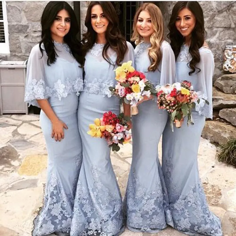 Luxury Lace Sweetheart Mermaid Pale Blue Bridesmaid Dresses With Shawl Satin Applique And Zipper Long Floor Length Wedding Guest Dress From Weddingplanning 59.1 DHgate.Com