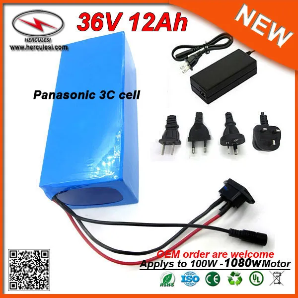 Electric Bike Battery 36v 12Ah Lithium Battery Packs used in 3C 29PF Li Ion Cells with Charger + Rainproof Safety Case for 800w