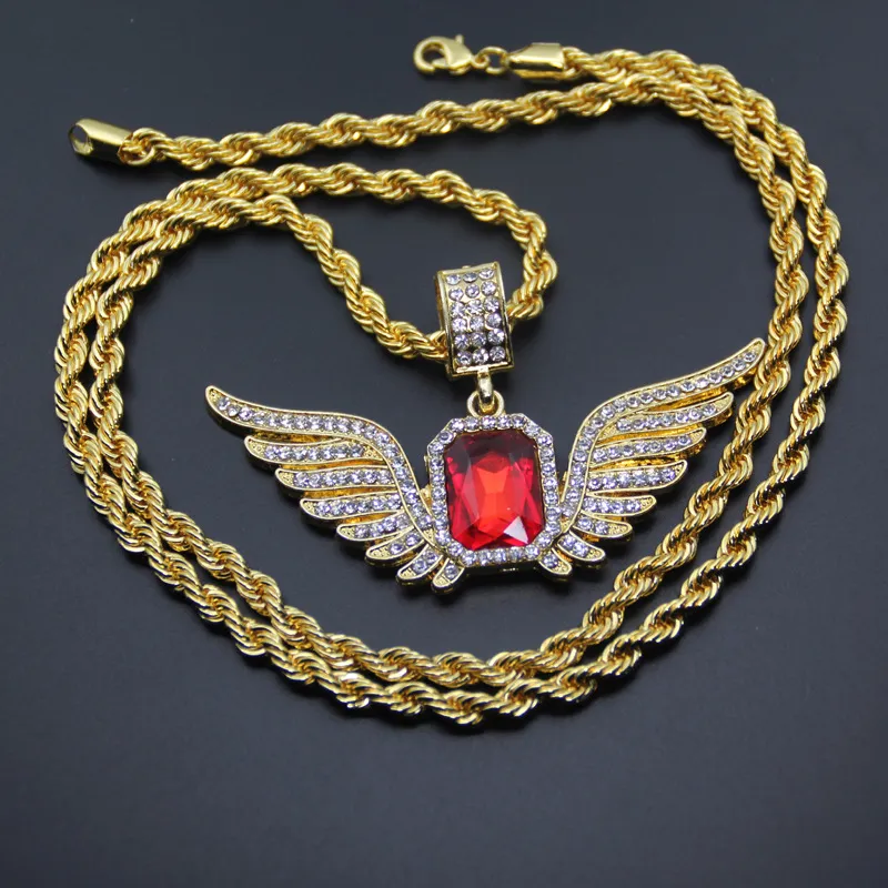 Collier avec pendentif ailes d'ange Hip Hop avec grande pierre rouge, 4.8x8cm, 5mm x 76cm, chaîne en corde, bijoux glacés pour hommes et femmes