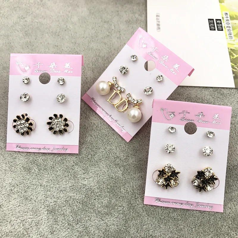 Venta al por mayor Stud Crown Princess Cross Pendientes de boda Moda 3 par / lote Plata Oro Rhinestone Perla Opal Zircon Joyería de moda DHL gratis