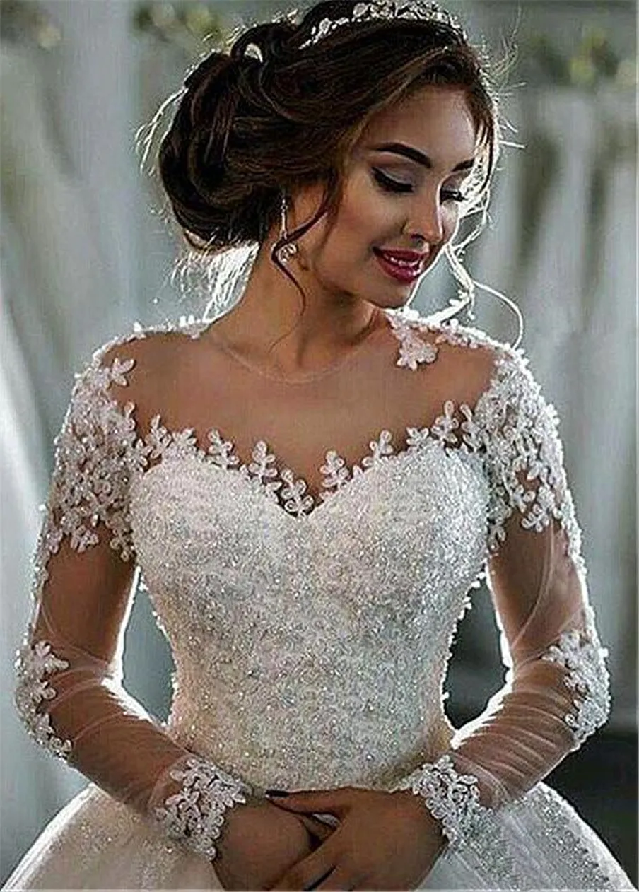 Amazing Tulle Sheer Long Sleeves Jewel Neckline Ball Gown Wedding Dresses With Beaded Lace Appliques Bridal Gowns