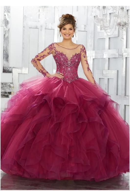 Custom Made Quinceanera Dresses Lace Applique Sequins Long Sleeve Blue Ball Gown Tulle Sweet 15 Gowns Plus Size189Q