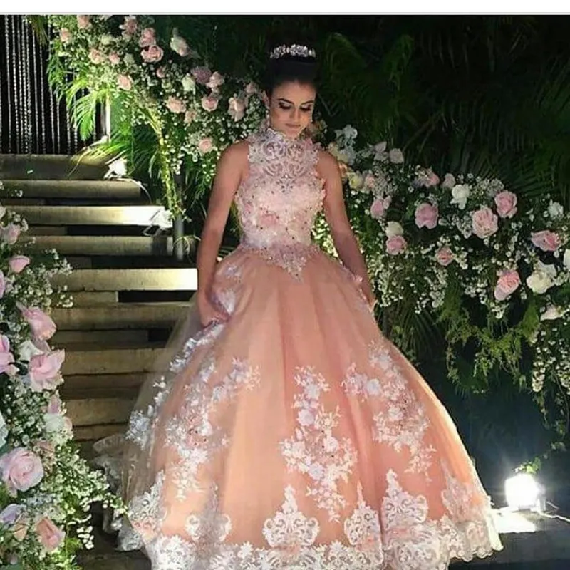 Nouveau col haut fard à joues rose robes de bal sans manches appliques perlées tulle étage longueur mascarade robes de bal robes de bal spéciales