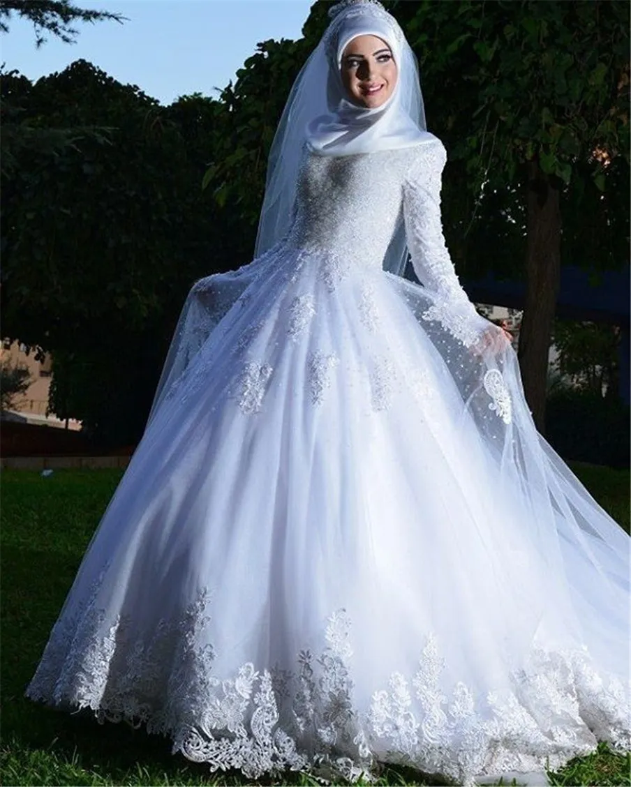 Abito da sposa bianco musulmano a maniche lunghe con applicazioni di fazzoletto Elegante abito da sposa a trapezio arabo con lacci