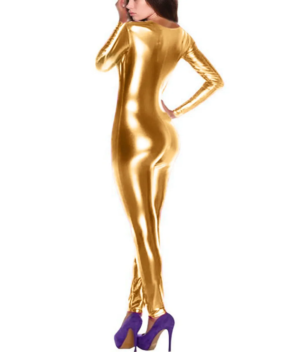 Womens Sexy Deep V Neck Catsuit Jumpsuit, Long Sleeve Zipper Bodysuit For Dancing And