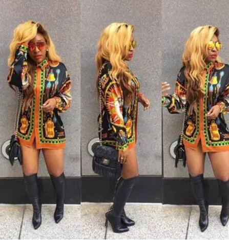 Nueva moda mujer vestido corto corto impresión africana más el tamaño Dashiki Boho vestido de manga larga camisa de un solo pecho