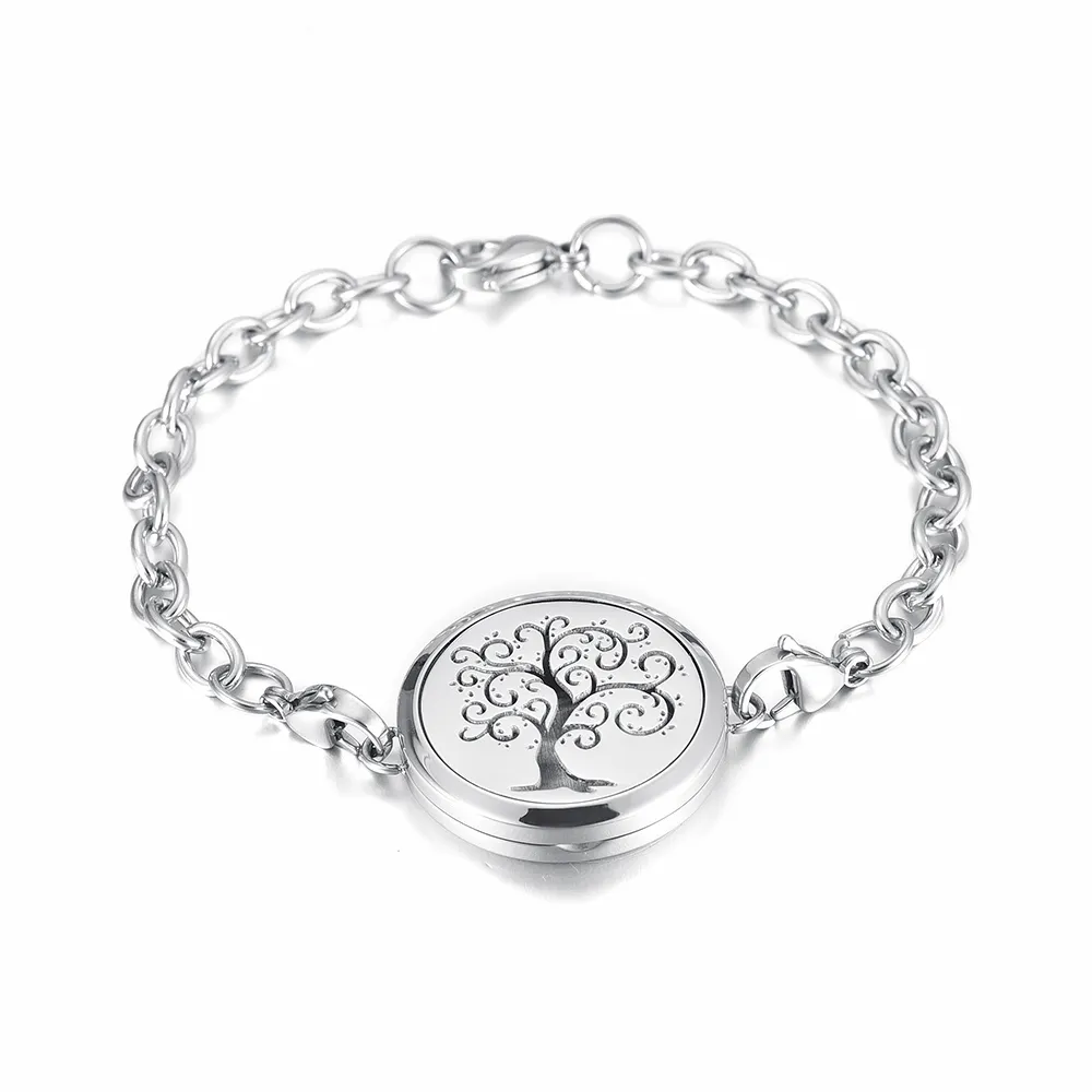 IJP2001 Stainless Steel Tree of life and lotus flower Magnet Essential Oil Aroma Diffuser Perfume Locket link Bracelet Gift For Friends