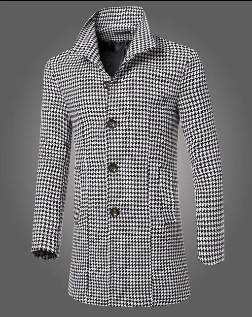 Partihandel - Fashion New Winter Herrkläder Märke Lång sektion Krage Houndstooth Woolen Coat Men Casual Slim Fit Jacke Trench