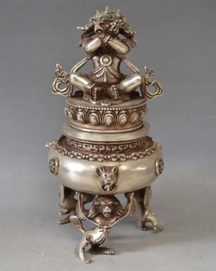 Encensoir tibétain en Bronze argenté, bouddha Mahakala, brûleur d'encens, Tibet
