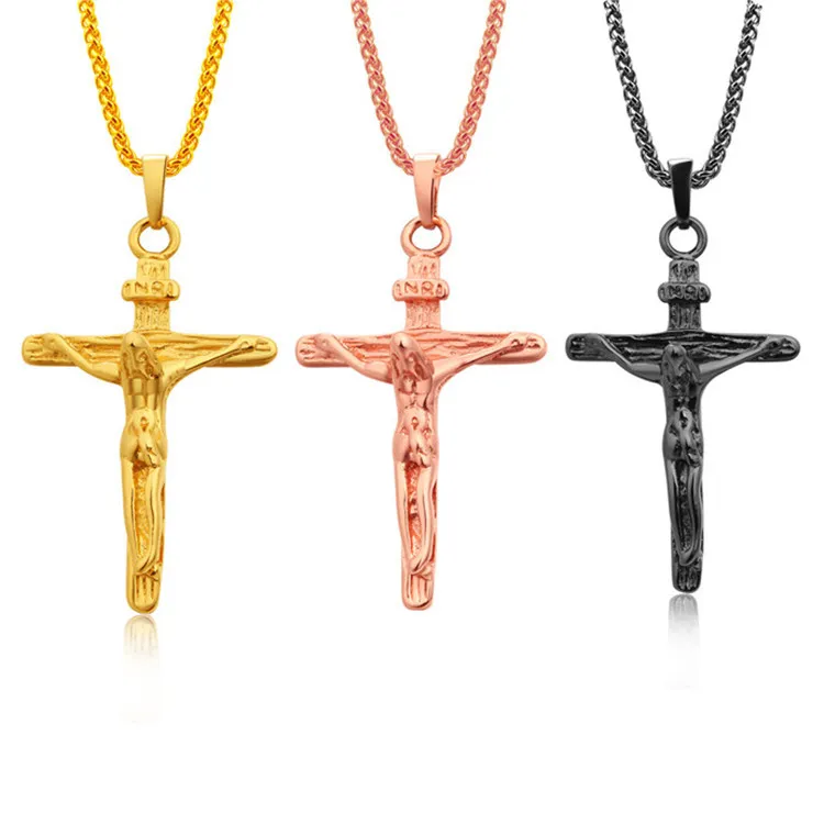 Crucifix Cross Necklace Guld / Rose Gold / Black Gun Färg Rostfritt stålkedja för män Smycken Jesus Piece Guldkedjor för män