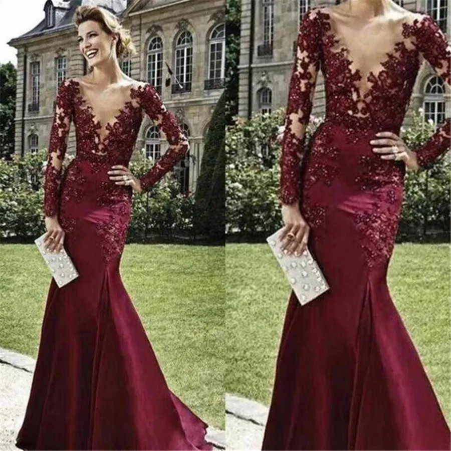 Sexy scollo a V profondo maniche lunghe bordeaux abito da ballo appliques pizzo sirena con perline abito da cocktail party formale nuovi abiti da sera