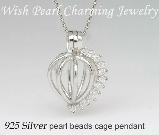 GEM-CLEDDED 925 Серебряный сердечный сердечный медальон клетки, серебро стерлингового серебра может удерживать 8 мм жемчужиной драгоценного камня клетки для кулона клетки из бисера, DIY ювелирных изделий