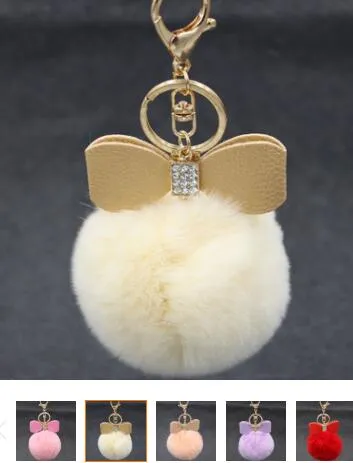 Bowknot Fur Pom -keychain Real Rex Rabbit Fur Ball Ball Chains Fur Key Ring Bead Chain for Bag 286e