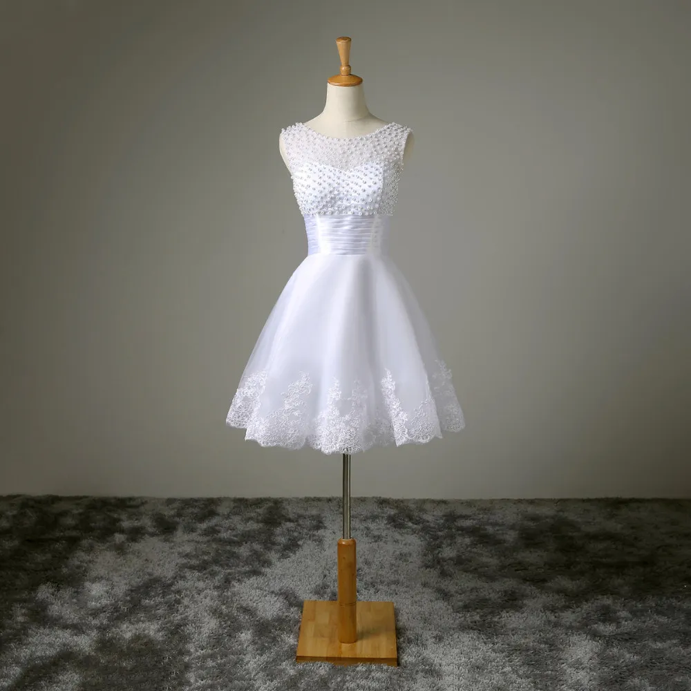 Véritable échantillon Nouvelle robe de mariée courte blanche mariée de lacets sexy perles de dentelle perlée robe de mariée de mariée vestido de noiva