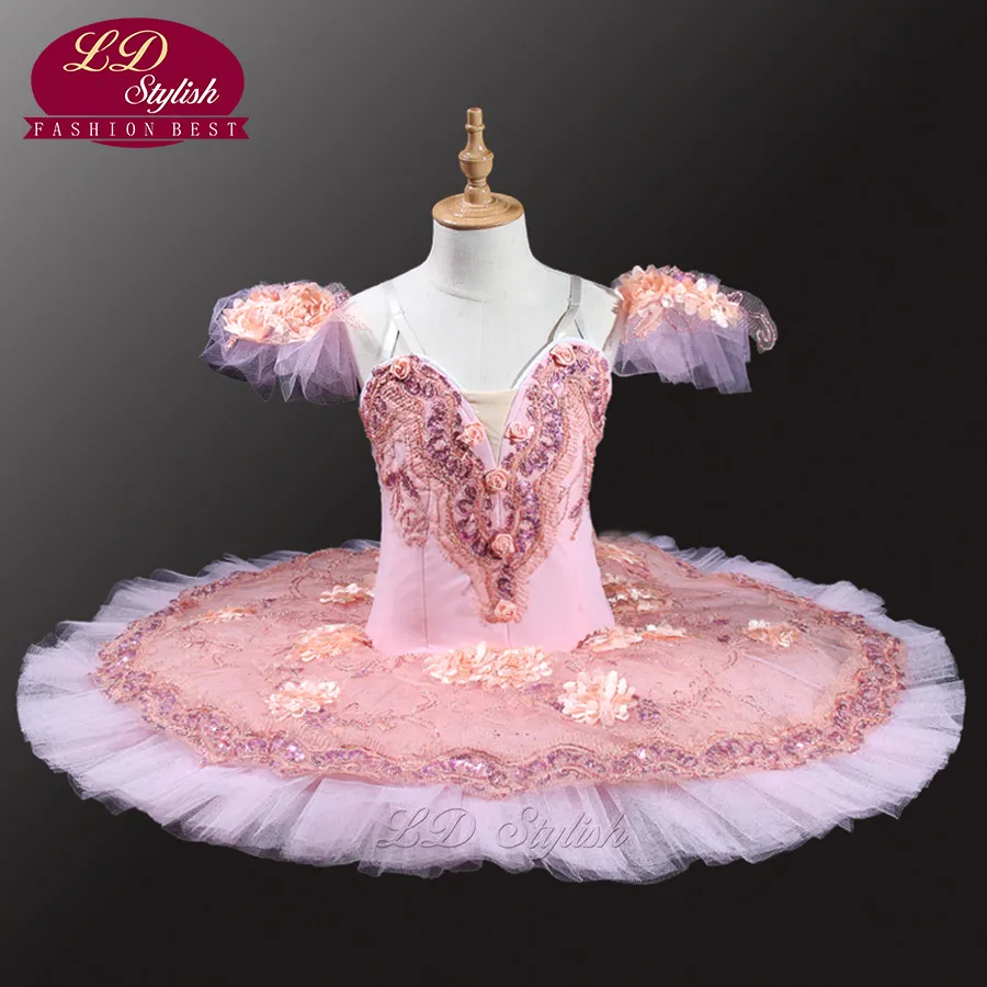 Różowy brzoskwiniowy profesjonalny balet Tutus dorosły naleśnik tutu Kobiety klasyczny balet Tutu z kwiatami LD0037 Costomy z tańca scenicznego