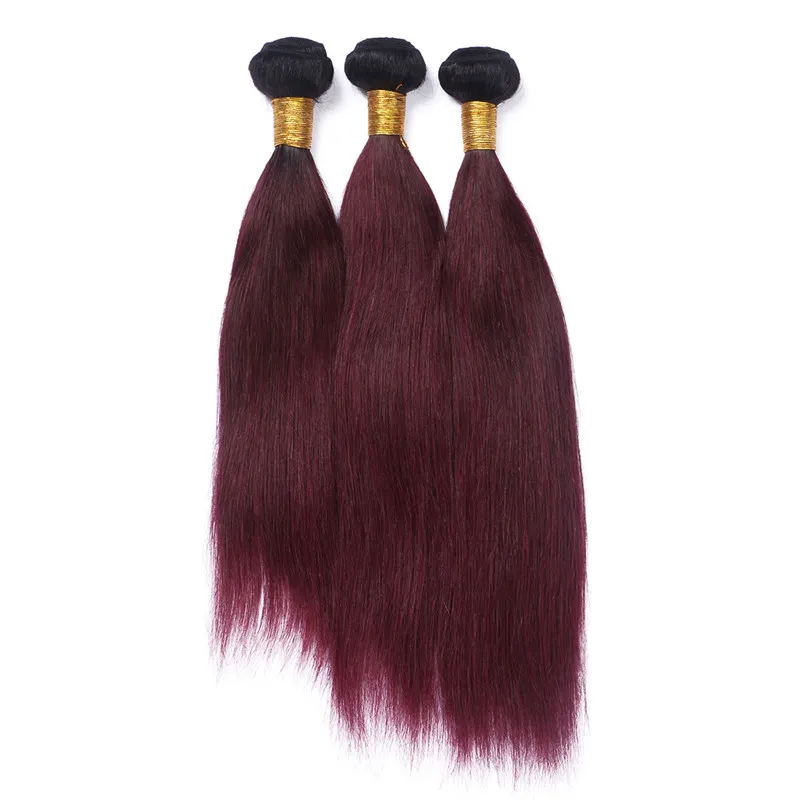 Tessuto di capelli umani Ombre bordeaux malese con chiusura in pizzo 4x4 dritto 1B / 99J Radice scura vino rosso Ombre chiusura in pizzo con 3 pacchi