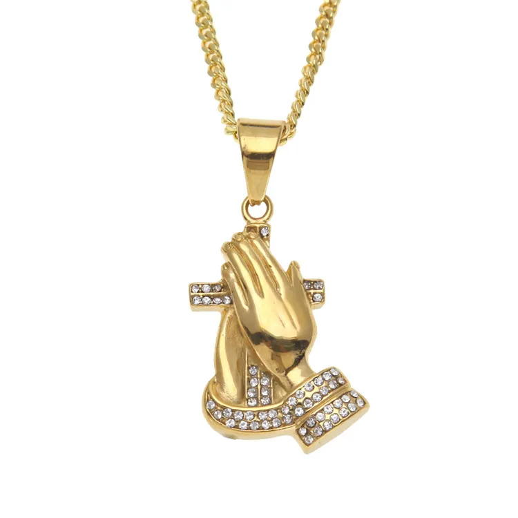 Moda ouro orar hip hop vintage pingente colar bling hip hop jóias de cristal para homens mulheres com presente box292j