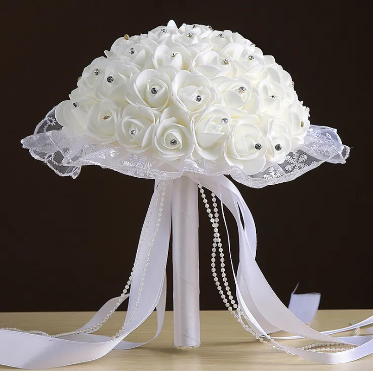 Mariée mariage Bouquet dentelle mousse main tenant une bulle Simulation fleur Roses Bouquet multicolore mariage 20198418702