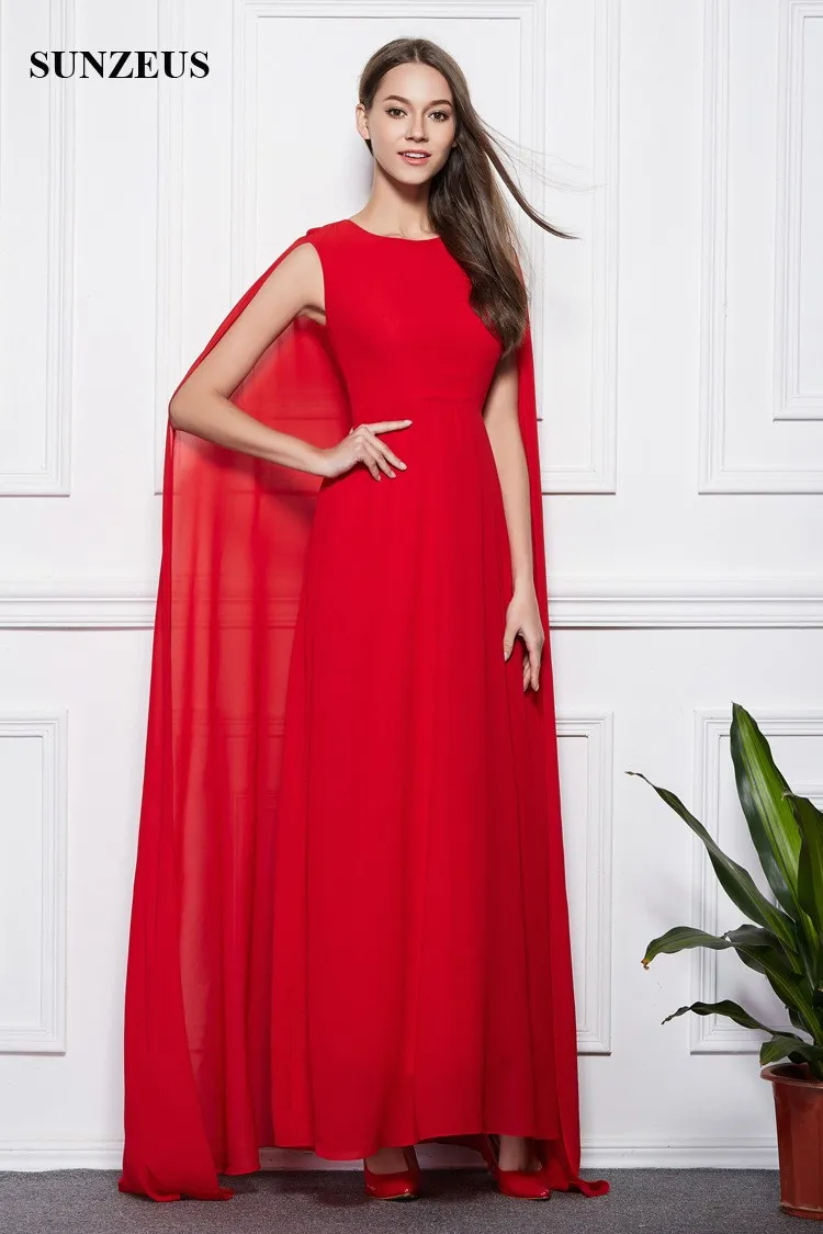 Vestidos de noche rojos con capa larga en la espalda Vestidos formales de gasa simples y elegantes Watteau Train Party Dress Caftan