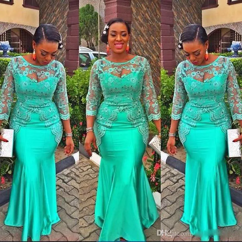 Afrikaanse zeemeermin turquoise prom jurk 2017 kant Nigeria lange mouw moeder prom dresses aso eBI stijl avond plus size party jassen