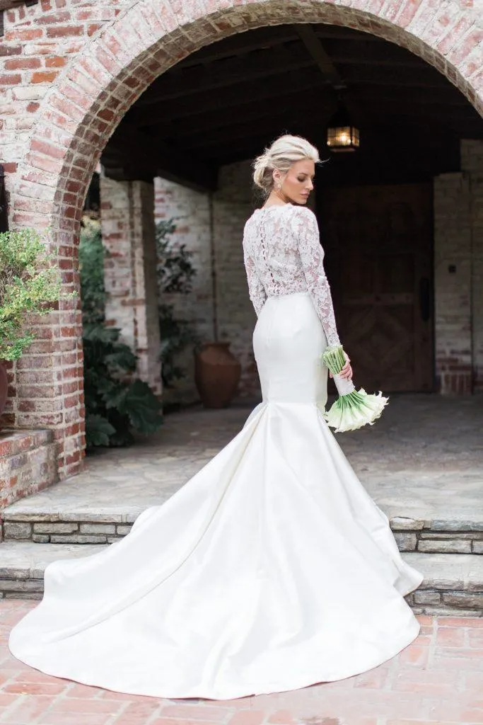 Vestido de novia de sirena de dos piezas, vestidos de novia de encaje de manga larga, vestidos de novia de ilusión de tren de corte de satén de alta calidad