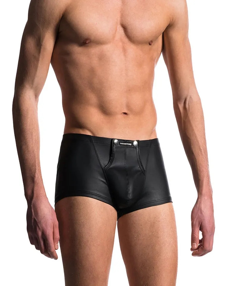 Hommes Faux cuir sous-vêtements nouveauté Boxer Shorts soirée Clubwear bouton slips Sexy mâle culotte Lingerie