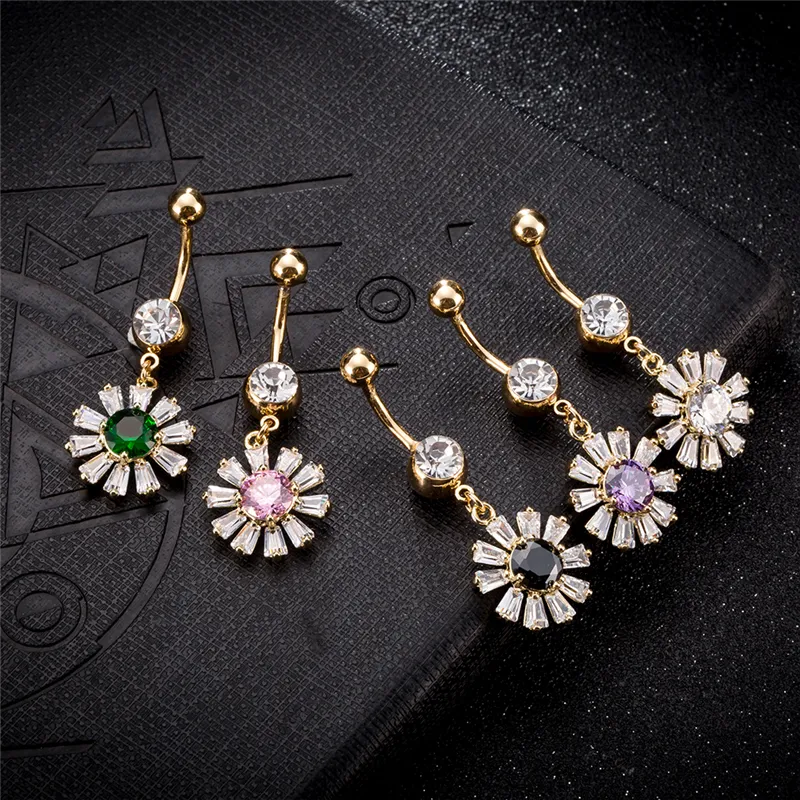 Newest Fashion Belly Button Rings Sparky CZ Flower Navel Piercing Belly Rings Body Jewelry Shiny Zircon Buckle Ring for Women