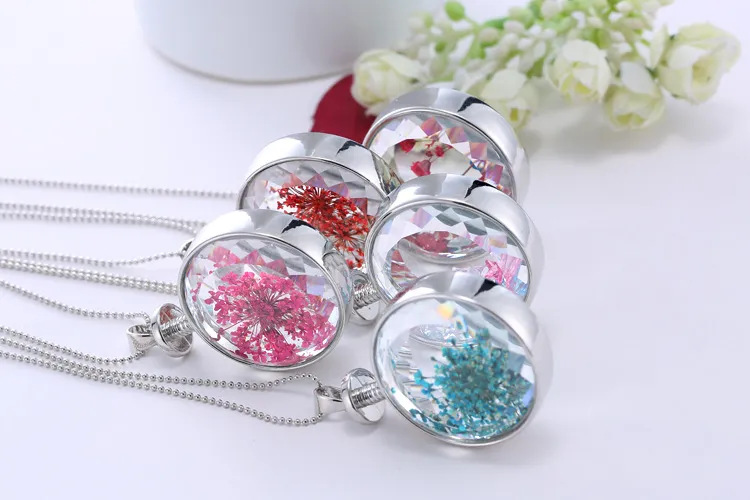 Ne peut pas être ouvert médaillon flottant pendentifs créatif plante spécimen alliage rond fleur séchée cristal pendentif collier blanc K chaîne collier